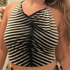 insane Vintage open back Black Striped Sequin Halter Crop Top